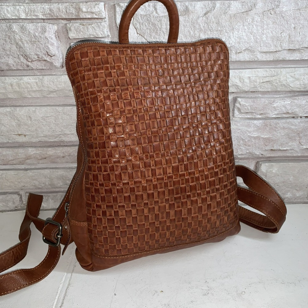Valenca Holland Woven Leather Backpack Cognac Brown Zip Top Rucksack Bag
